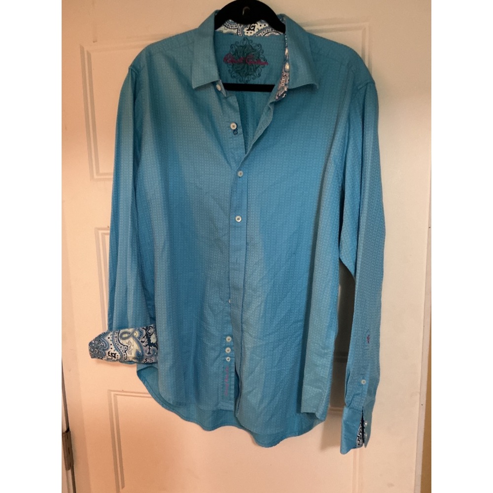Robert Graham Mens Turquoise Blue Geometric Jacquard Paisley Trim Shirt Large